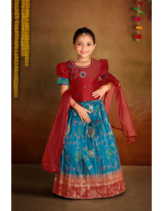 Light Blue Banarasi Kids Lehenga Choli with Red Dupatta