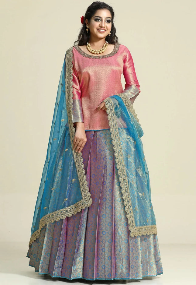 Light Blue Banarasi Silk Lehenga Choli For Women With Net Dupatta