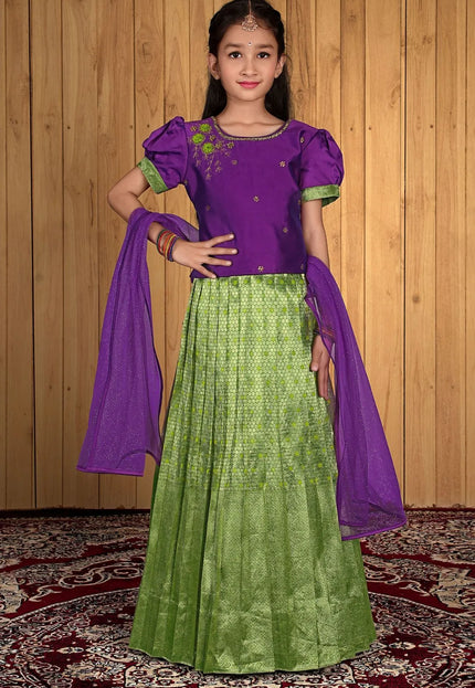 Light Green Banarasi Kids Lehenga Style With Purple Net Dupatta