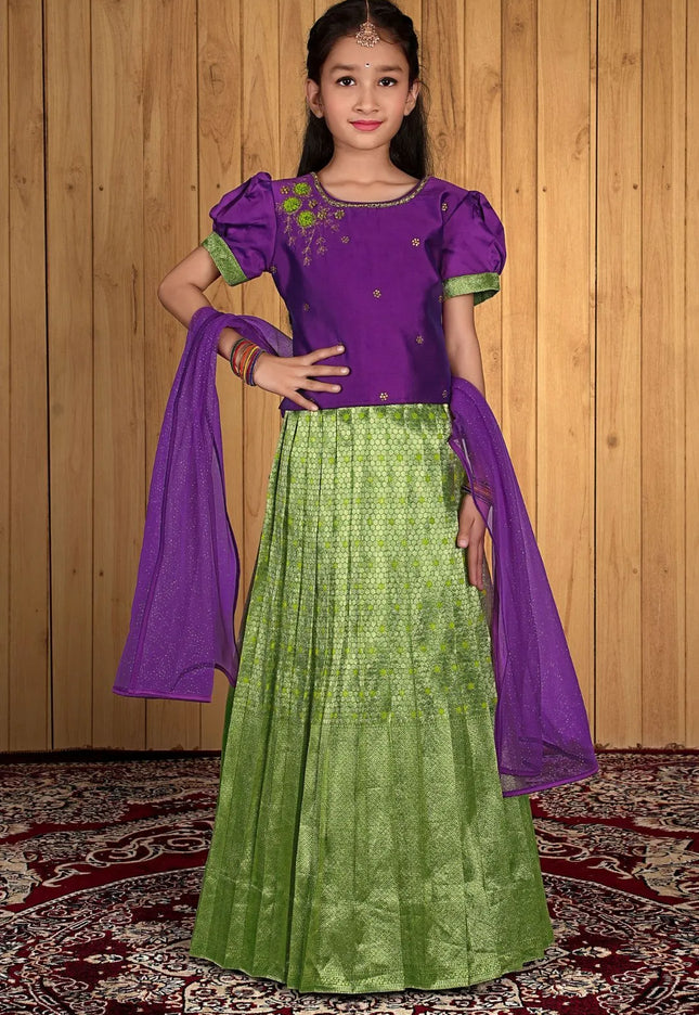 Light Green Banarasi Kids Lehenga Style With Purple Net Dupatta