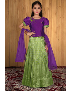 Light Green Banarasi Kids Lehenga Style With Purple Net Dupatta