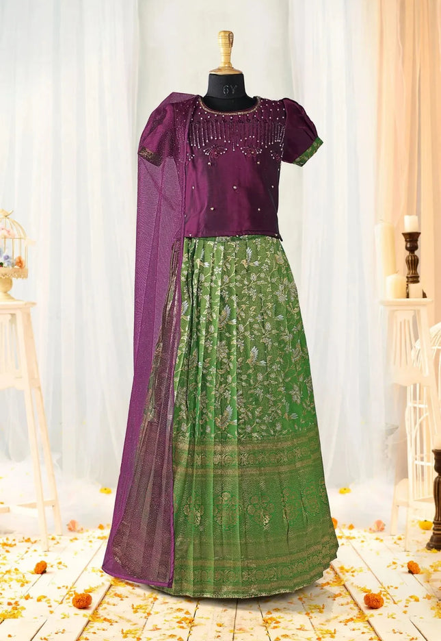 Light Green Banarasi Lehenga Choli Set with Wine Embroidered Top