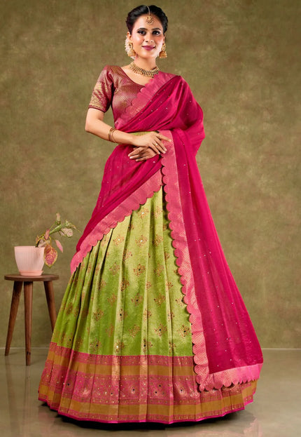 Light Green Banarasi Silk Semi-Stitched Lehenga For Women