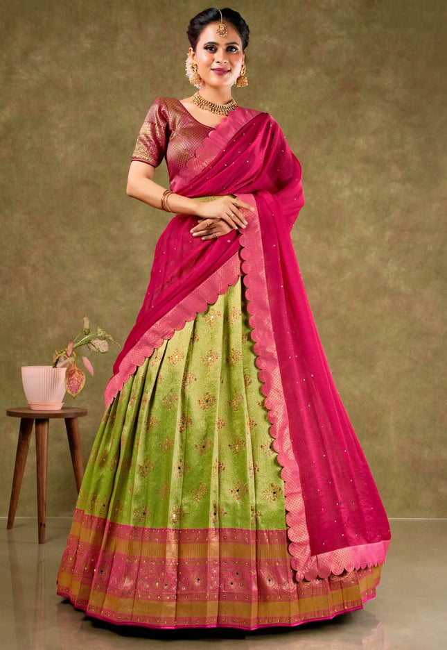 Light Green Banarasi Silk Semi-Stitched Lehenga For Women