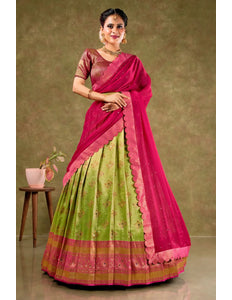 Light Green Banarasi Silk Semi-Stitched Lehenga For Women