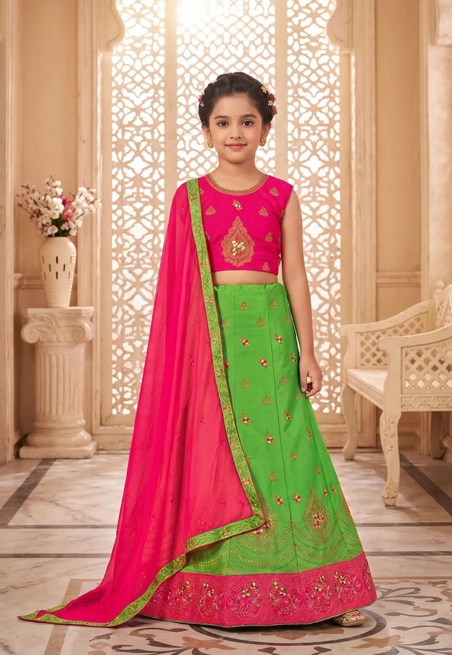 Light Green Silk Embroidered Crop Top Lehenga Choli For Kids