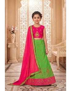 Light Green Silk Embroidered Crop Top Lehenga Choli For Kids