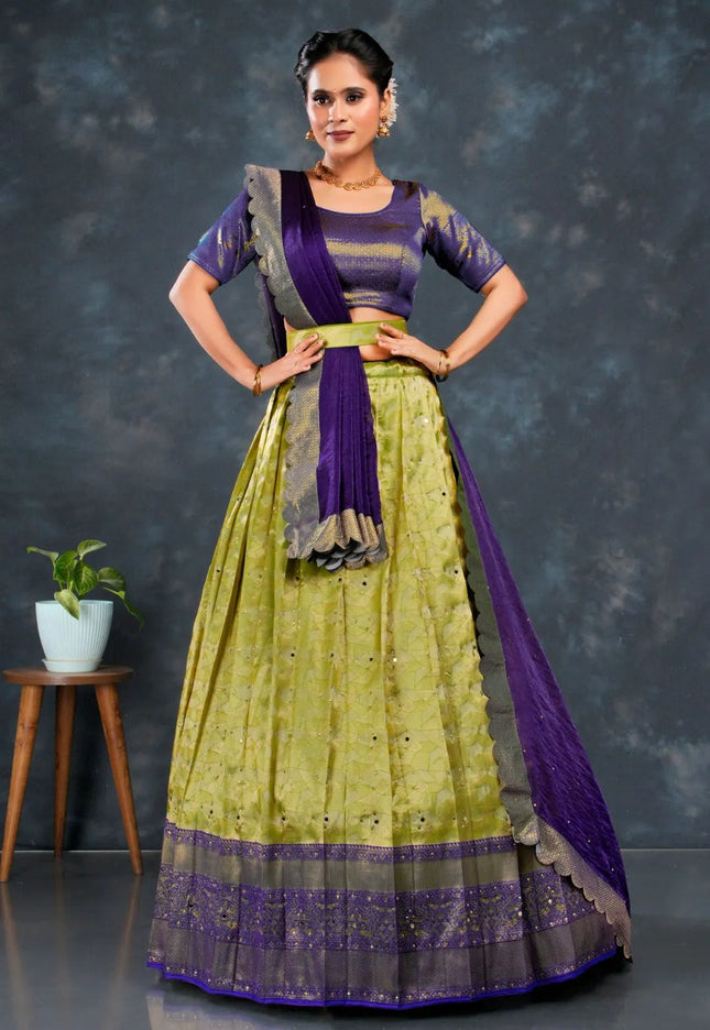 Light Green Zari Tissue Silk Semi-Stitched Lehenga For Women