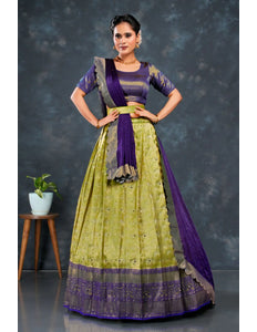 Light Green Zari Tissue Silk Semi-Stitched Lehenga For Women