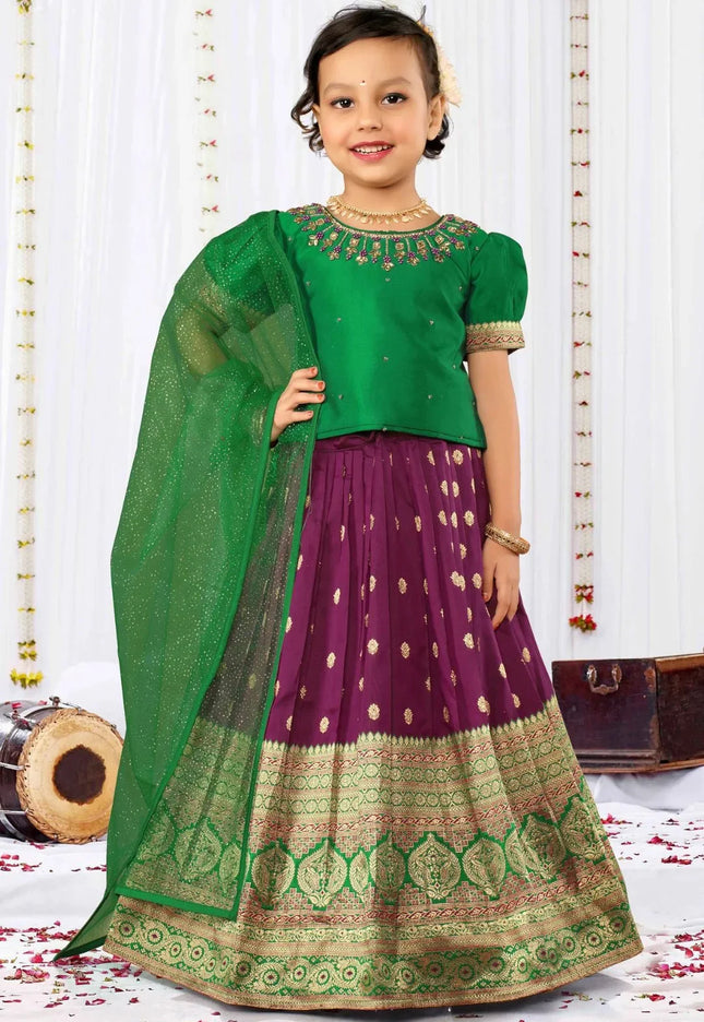 Magenta Banarasi Lehenga Choli Set with Green Festive Blouse