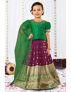 Magenta Banarasi Lehenga Choli Set with Green Festive Blouse