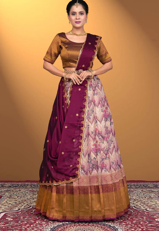 Magenta Banglori Slub With Digital Print Lehenga Choli