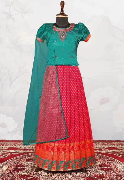 Magenta Heavy Border Woven Lehenga Choli with Net Dupatta Kids Festive Wear