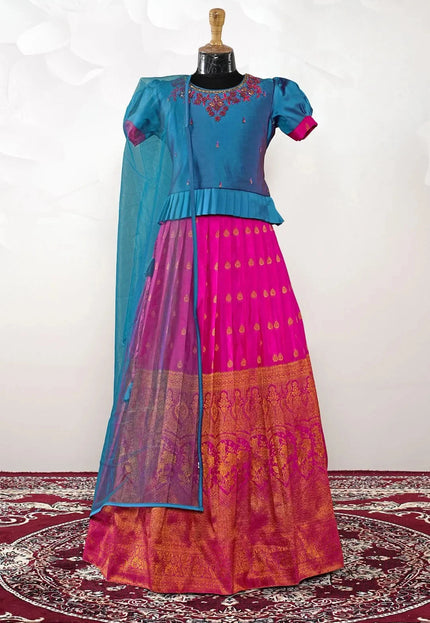 Magenta Kids Contrast-Trim Langa Voni Girls Ornate Motif Pattu Pavadai