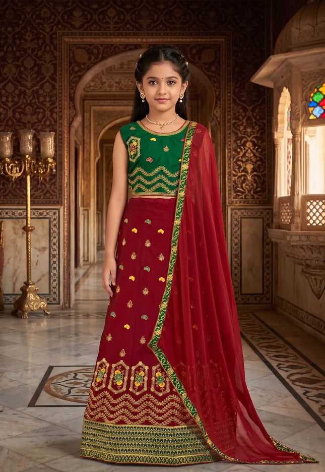 Maroon Art Silk Embroidered Crop Top Lehenga Choli For Kids