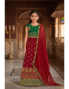 Maroon Art Silk Embroidered Crop Top Lehenga Choli For Kids