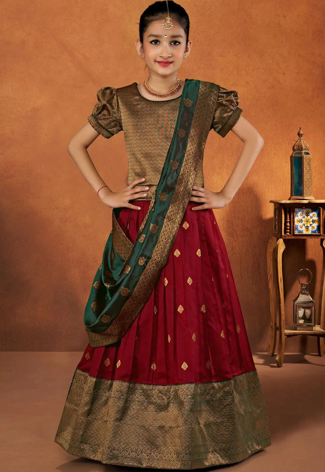 Maroon Banarasi Silk Kids Lehenga Choli with Banarasi Dupatta