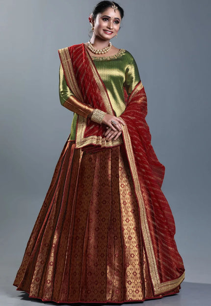 Maroon Banarasi Silk Lehenga Choli For Women With Net Dupatta