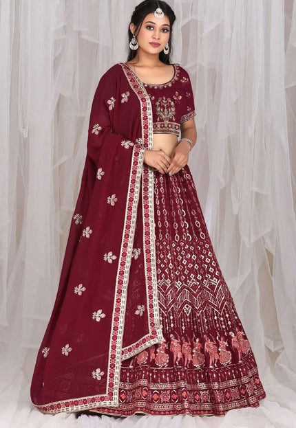 Maroon Embroidered Bridesmaid Lehenga Choli In Georgette