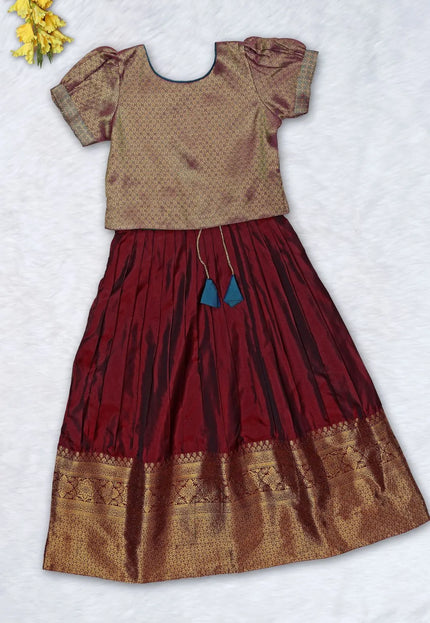 Maroon Girls Silk Pattu Pavadai Ethnic Wear Lehenga Choli Set
