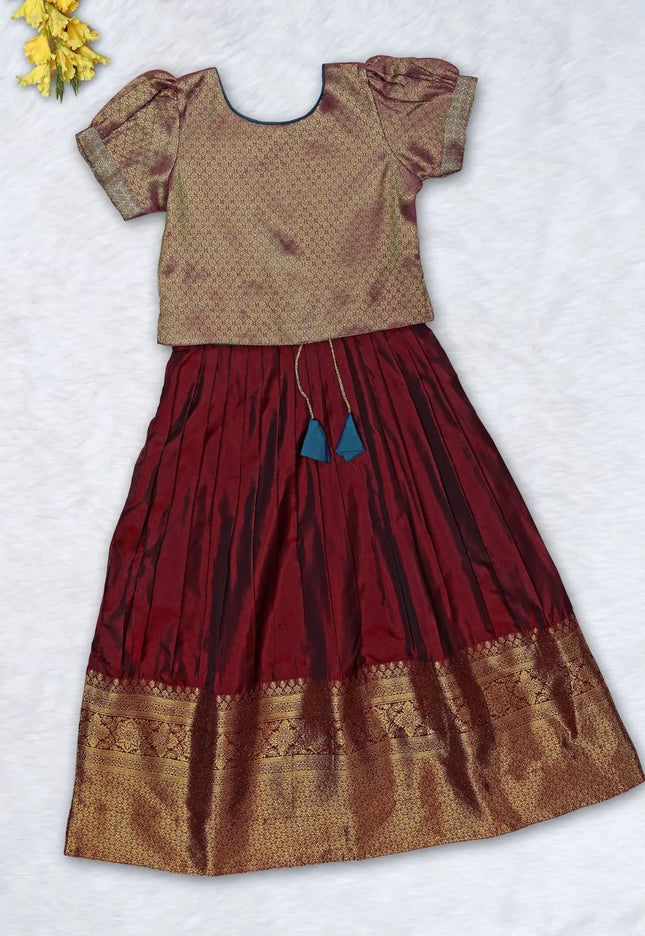 Maroon Girls Silk Pattu Pavadai Ethnic Wear Lehenga Choli Set