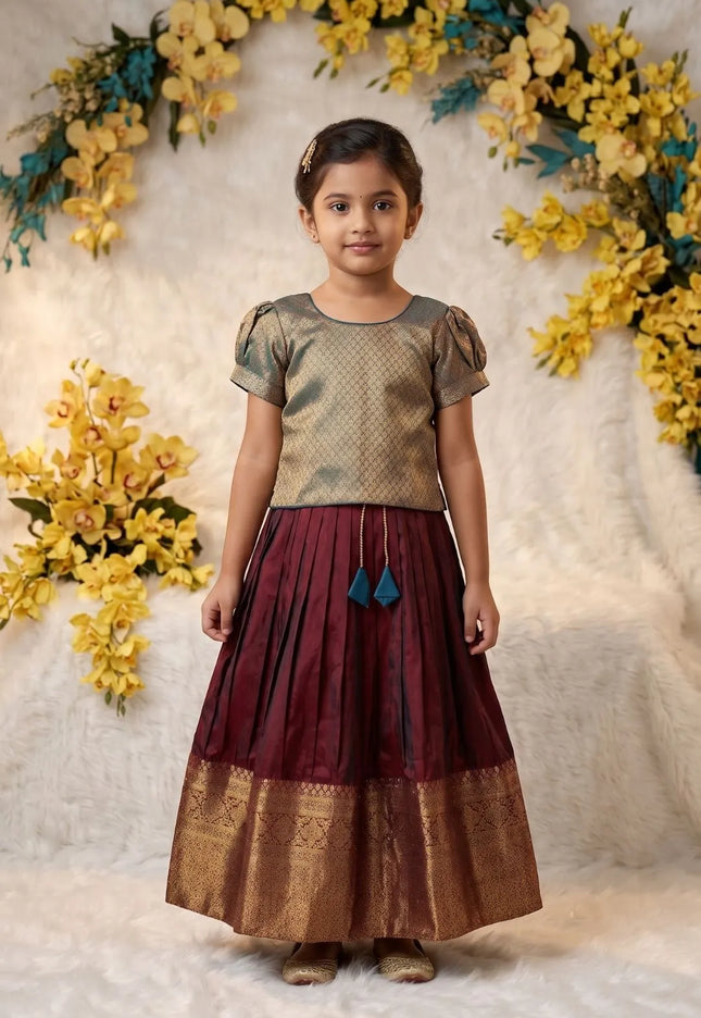 Maroon Girls Silk Pattu Pavadai Ethnic Wear Lehenga Choli Set