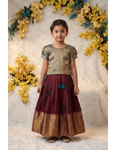 Maroon Girls Silk Pattu Pavadai Ethnic Wear Lehenga Choli Set