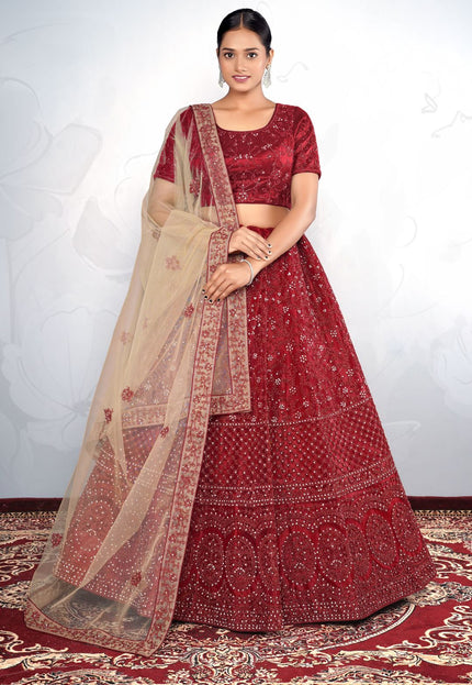Maroon Net Semi Stitch Embroidered Lehenga Choli For Women