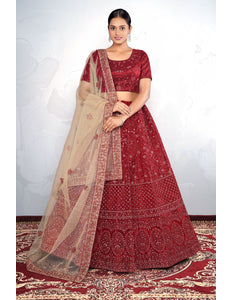Maroon Net Semi Stitch Embroidered Lehenga Choli For Women