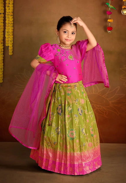 Mehendi Banarasi Kids Lehenga Choli with Rani Dupatta For Girls