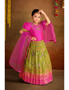 Mehendi Banarasi Kids Lehenga Choli with Rani Dupatta For Girls