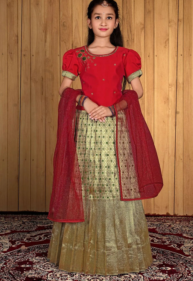 Mehendi Banarasi Kids Lehenga Style With Red Net Dupatta