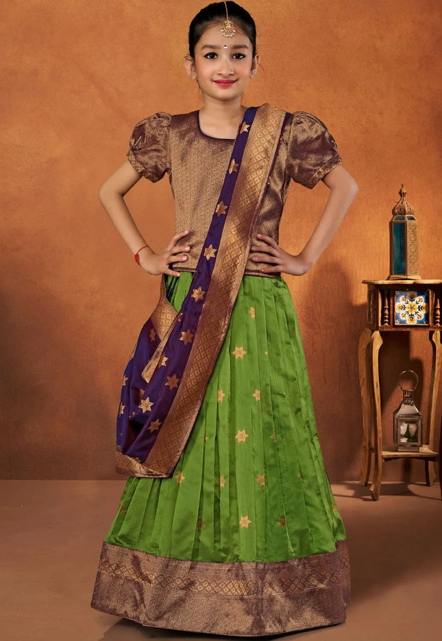 Mehendi Banarasi Silk Kids Lehenga Choli with Fancy Dupatta