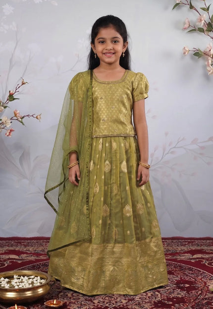 Mehendi Banarasi Silk Kids Lehenga Choli with Stylish Dupatta