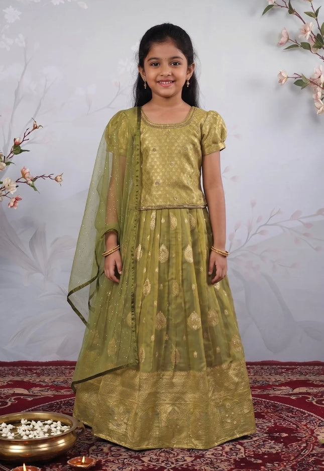 Mehendi Banarasi Silk Kids Lehenga Choli with Stylish Dupatta