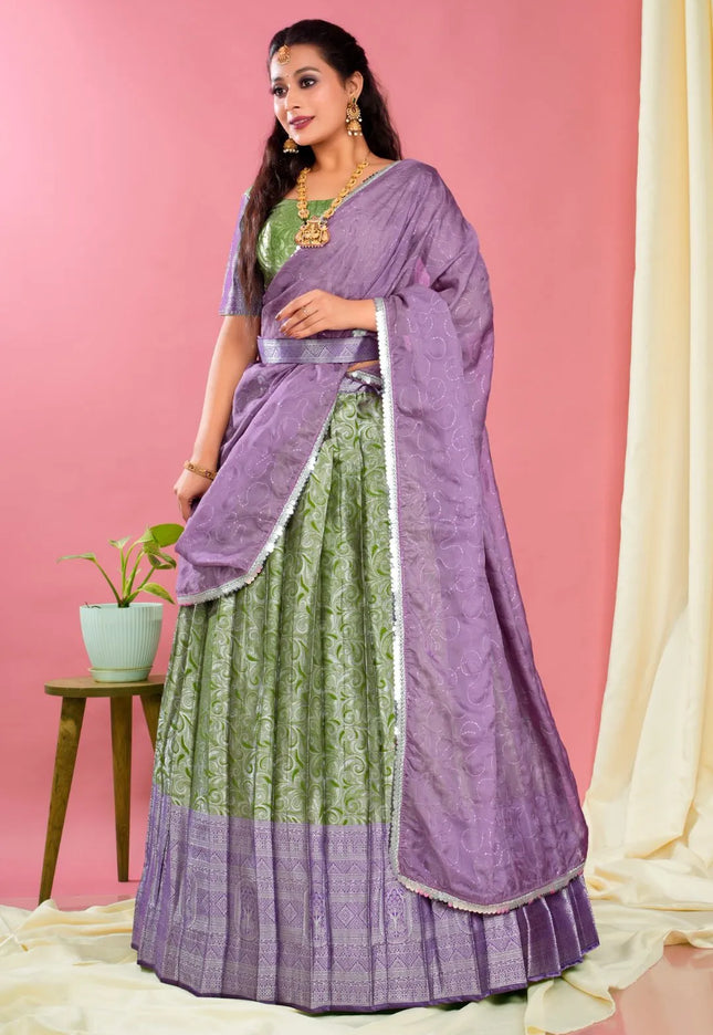 Mehendi Banarasi Silk Pattu Half Saree With Zari Work