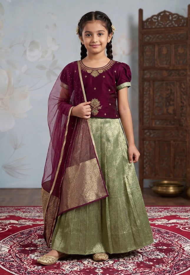 Mehendi Festive Lehenga Choli Set with Emerald Wine Top