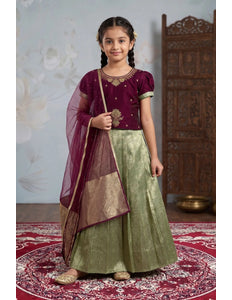 Mehendi Festive Lehenga Choli Set with Emerald Wine Top