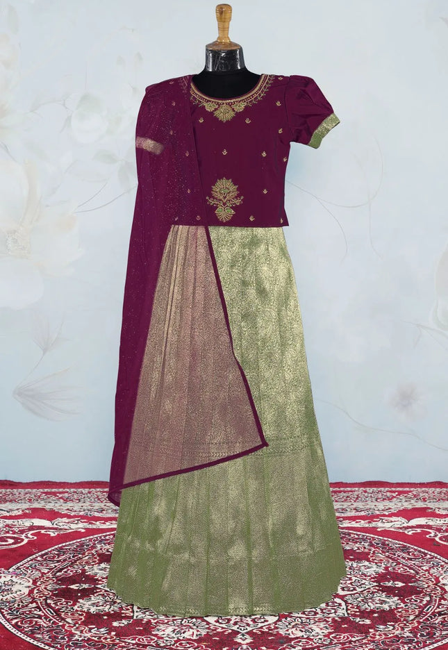 Mehendi Festive Lehenga Choli Set with Emerald Wine Top
