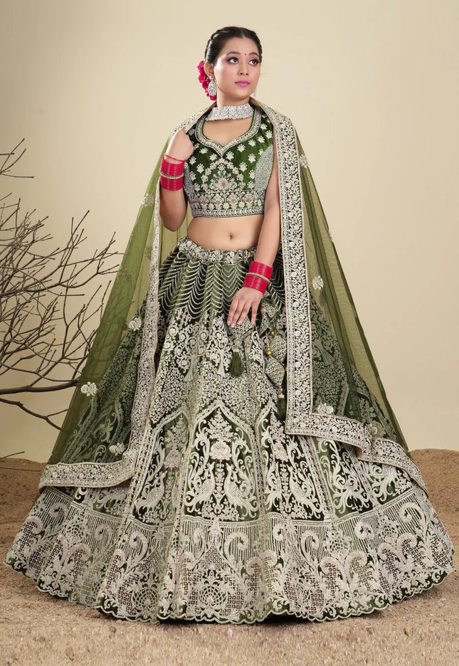 Mehendi Heavy Embroidered Bridal Lehenga in Velvet