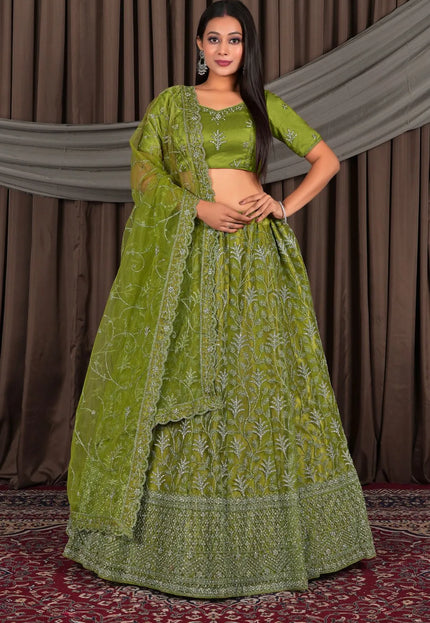 Mehendi Party-Wear Embroidered Net Lehenga Choli For Wedding