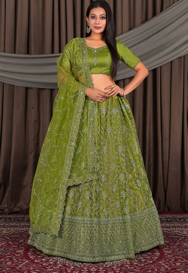 Mehendi Party-Wear Embroidered Net Lehenga Choli For Wedding