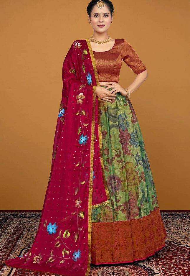 Mehendi Semi-Stitched Digital Print Lehenga Choli In Tissue Silk