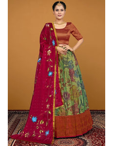 Mehendi Semi-Stitched Digital Print Lehenga Choli In Tissue Silk