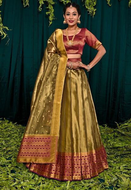 Mehendi Tissue Silk Latest Designer Lehenga Choli For Women
