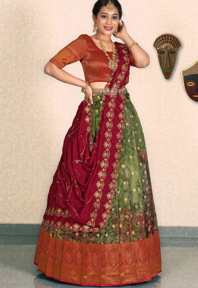 Mehendi Tissue Silk Lehenga Choli Design For Women