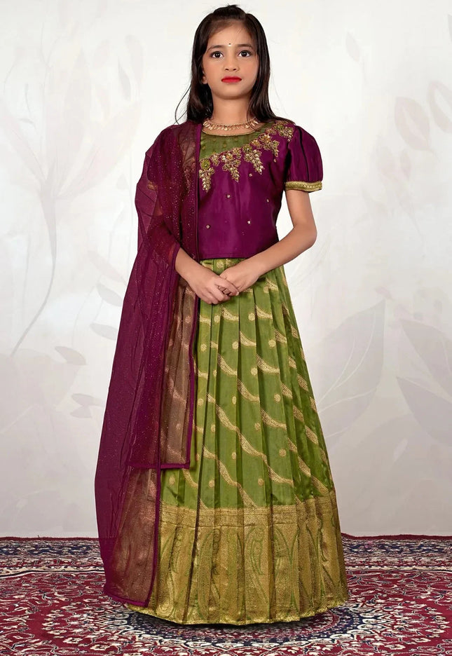 Mehendi Traditional Lehenga Choli Set with Wine Dupatta