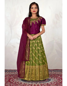 Mehendi Traditional Lehenga Choli Set with Wine Dupatta