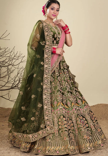 Mehendi Velvet Designer Bridal Lehenga Choli with Double Dupatta