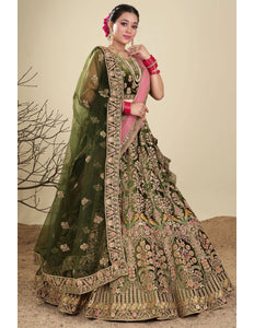 Mehendi Velvet Designer Bridal Lehenga Choli with Double Dupatta